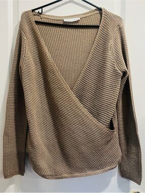 Seven Sisters Taupe Wrap V-Neck Waffle Knit Sweater